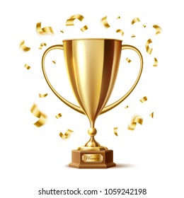 Golden trophy, gold cup award. 3d First place winner, champion reward, sport prize victory and business success, leadership and achievement symbol with confetti. Realistic vector illustration isolated