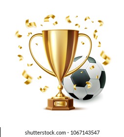 Golden trophy, gold cup award with soccer ball.  football world championship in russia. 3d First place winner, champion reward symbol with confetti. Realistic vector illustration isolated