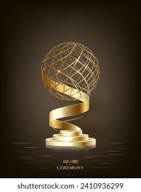 Golden trophy, gold cup award. 3d First place winner, champion reward, sport prize, victory and business success, leadership and achievement symbol. Realistic vector illustration isolated