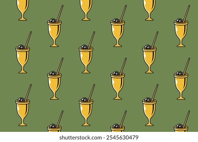 golden trophy, gold cup with billiard cue and black ball pattern on green background. gold chalice with pool ball, stick object symbol seamless pattern background. for billiard decor and merchandise