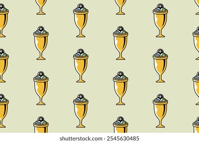 golden trophy, gold cup with billiard balls pattern on cream background. gold chalice with pool balls, snooker balls object symbol seamless pattern background. for billiard decor and merchandise