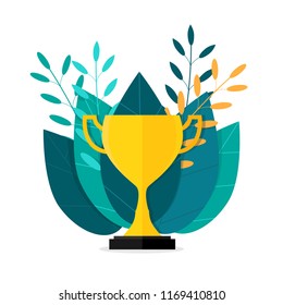 Golden trophy with green leaves in the background illustration. Winning illustration.