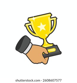 A golden trophy held in a hand, symbolizing victory, achievement, or award recognition. Ideal for sports, competition, or success themes.