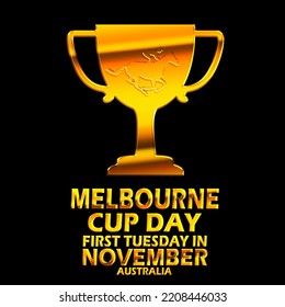 A golden trophy with horse racing engraving with bold text isolated on black background to celebrate Melbourne Cup Day on November 1 in Australia