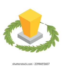 Icono de trofeo dorado vector isométrico. Premio tradicional en pedestal y rama. Concepto deportivo, premio ganador