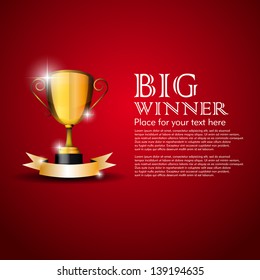 Golden trophy isolated on red background with place for text - vector illustration
