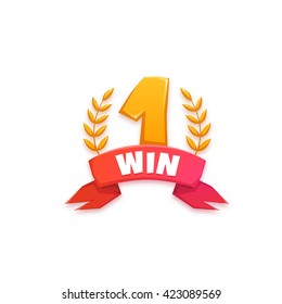 Golden trophy with laurel and ribbon. Win title. Vector illustration.