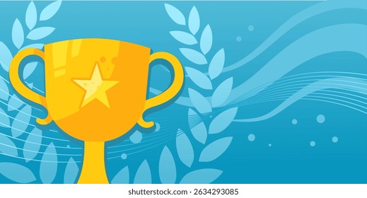Golden Trophy and Laurel Wreath on Yellow Background – Success, Award, Victory – Vector Illustration with Free Copy Space