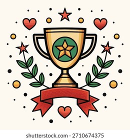 Troféu Dourado com Coroa de Laurel e Fita Vermelha Palavras-chave: troféu, prêmio, vencedor, ouro, estrela