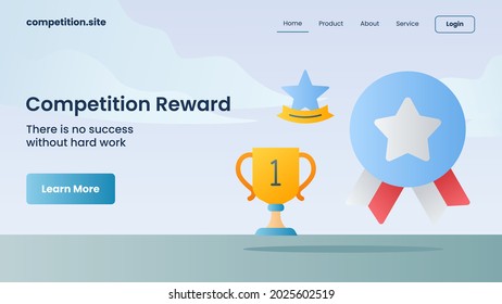 golden trophy, medal, star icon with tagline there is no success without hard work for website template landing homepage