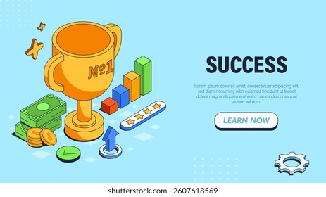 Golden trophy, money, charts, and rating stars in colorful isometric style on a blue background, symbolizing business achievement and growth. Vector illustration