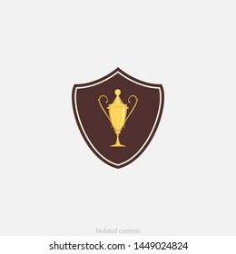 Golden trophy on a brown shield. Sports logo