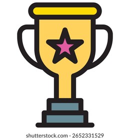 Golden Trophy with Pink Star Emblem and Blue Base, Black Outline