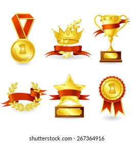 Golden Trophy And Prize Emblem Set Of Shield Star Medal And Wreath Isolated Vector Illustration. 