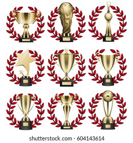 Golden trophy realistic isolated collection in round wreaths with many dark red leaves on white. Vector colorful poster of awards in shapes of star or circles etc. on stands. Victory template banner