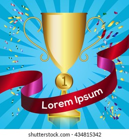 Golden trophy and red ribbon with the place for name of winner. Vector Illustration
