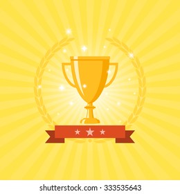 Golden Trophy with red ribbon and wreath in yellow background in flat icon design vector