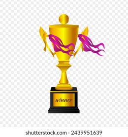 Golden trophy with ribbons on transparent background