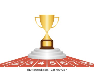 Golden Trophy in Running Track or Athlete Track. Champion and Winning Concept. Vector Illustration.