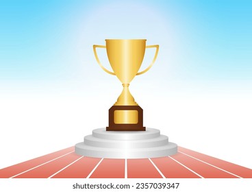 Golden Trophy in Running Track or Athlete Track. Champion and Winning Concept. Vector Illustration.