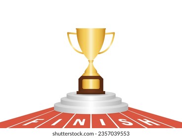 Golden Trophy in Running Track or Athlete Track with Start or Finish line. Champion and Winning Concept. Vector Illustration.