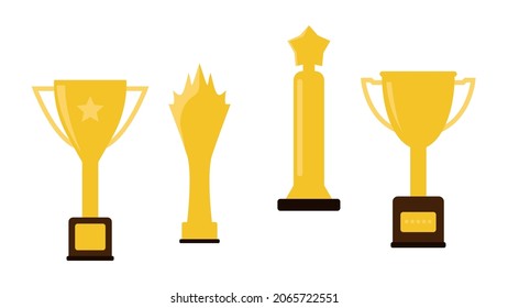 goldener trophischer Satz einzeln auf weißem Hintergrund. Erfolgreiches und sportlich ausgezeichnetes Dekor mit unterschiedlichem Stil. Vektorgrafik