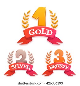 Golden trophy set with laurel and ribbon. Win title. Vector illustration.