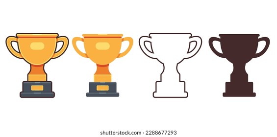 Golden trophy set vector illustration, collection trophy, silhouette and line art trophy