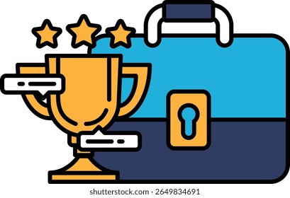Um troféu dourado fica em uma mesa ao lado de uma pasta azul. O troféu é rodeado por três estrelas, simbolizando a realização e o sucesso. A pasta representa organização e profissionalismo