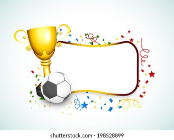 Golden trophy with soccer ball and golden frame on green background. 