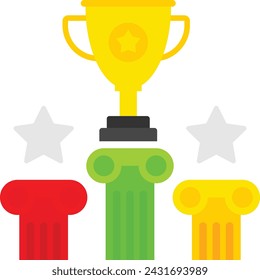 Trofeo de oro de pie en el concepto colorido del podio, diseño vectorial de la copa de tres premios, mejora de las habilidades de productividad Símbolo, motivación empresarial Signo, Enterprise ímpetu ilustración de stock