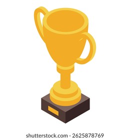 Troféu dourado de pé sobre pedestal quadrado representando vitória e conquista em vista isométrica