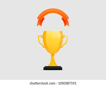 Golden trophy with a template ribbon. Vector illustration.