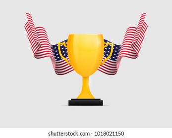 Golden trophy with two waving American flags in the background. Announcing the winner.