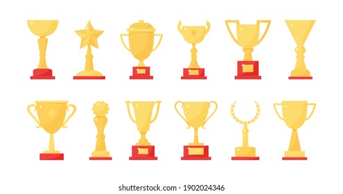 Golden trophy vector cup, sport award, champion icons isolated on white background. Colored illustration