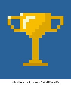 Golden trophy vector, isolated award gold present flat style icon, successful completion of game, pixel art style of cup prize for competition symbol