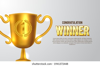 golden trophy. winner announcement on stage for sports game. poster template. champion for victory with white background