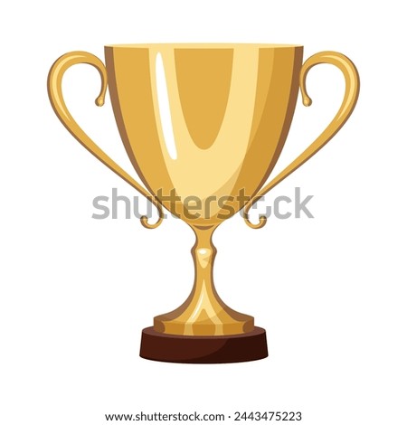 Golden trophy, winner cup, goblet with handles on a wooden stand. Cartoon style shiny trophy for competition, match. Sport award for first place. Vector isolated illustration. 