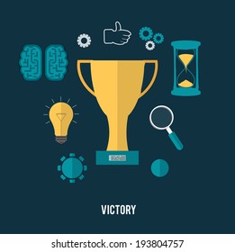 Golden trophy winner cup with icons. Victory concept