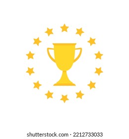 Golden Trophy, Winning Cup With  Stars Wreath Isolated On White Background. First Place, Award Bowl. Symbol Of Success, Victory, Championship. Vector Flat Illustration. 