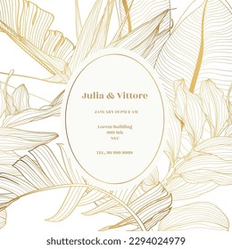 Golden tropical branch Background Illustration. Tropical line leaves frame. Summer tropical leaf. Exotic hawaiian jungle, summer time border frame. 