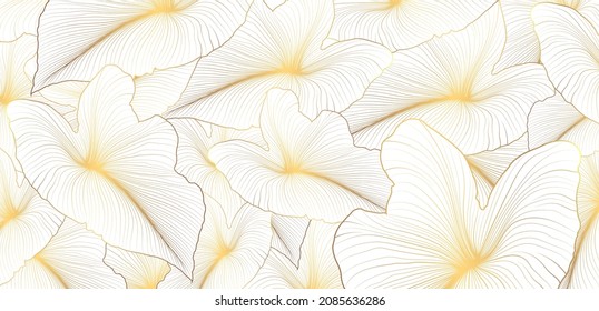 Golden tropical caladium leaf line arts pattern. Exotic nature background vector. Luxury and elegant hand drawn botanical graphic elements. Caladium leaves texture. Vector illustration