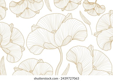 Golden tropical leaf line art wallpaper background vector. Natural monstera and banana leaves pattern design in minimalist linear.