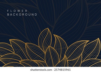 Golden tropical leaf line art wallpaper background vector. Natural leaves pattern design in minimalist linear.	