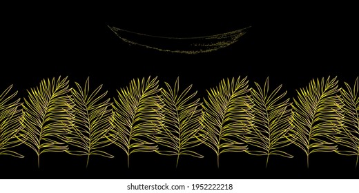Golden tropical leaves arranged in a line on a black background. Banner, cover design, graphic brochure, text template. Seanless pattern. Hand drawn. Luxury fashion vector. The colors of 2021.
