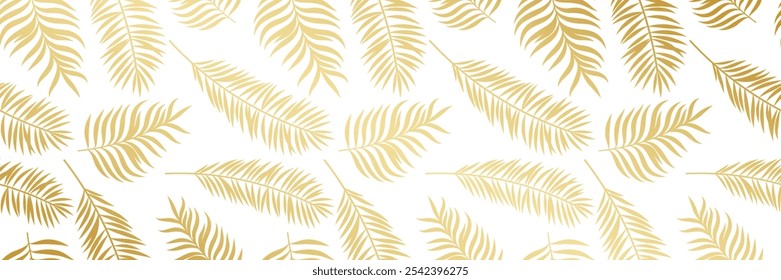 Golden tropical leaves banner, vector foliage pattern, leaf print background design