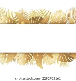 Golden Tropical Leaves And Banner With White Backgraound , Vector Illustration