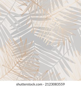 Golden tropical leaves drawing seamless pattern. Abstract Palm leaf line art, silhouette on luxury gray color background. Creative tropics illustration for wallpaper, textile design. Vector art