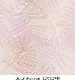 Golden tropical leaves drawing seamless pattern. Abstract Palm leaf line art, silhouette on luxury rustic pink color background. Creative tropics illustration for wallpaper, textile design. Vector art