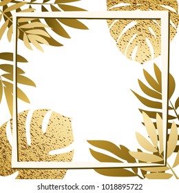 Golden tropical leaves with frame. Vector illustration. eps 10